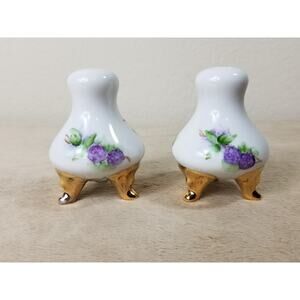 Salt & Pepper Shakers Footed 3" Porcelain White Gold 1984 Purple Flower x2 Vtg
